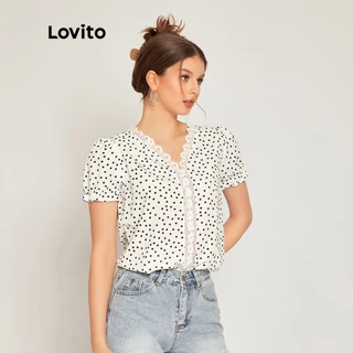 Lovito Blusas Femininas Boho Bolinhas Decote em V com Manga Bufante Contraste Renda L33LD068 (Branco)