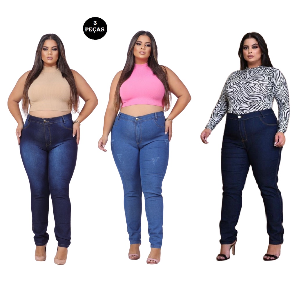 KIT 3 Calça Jeans Feminina Plus Size Cintura Alta Com Lycra Elastano Premium efeito Empina Bumbum Promoção