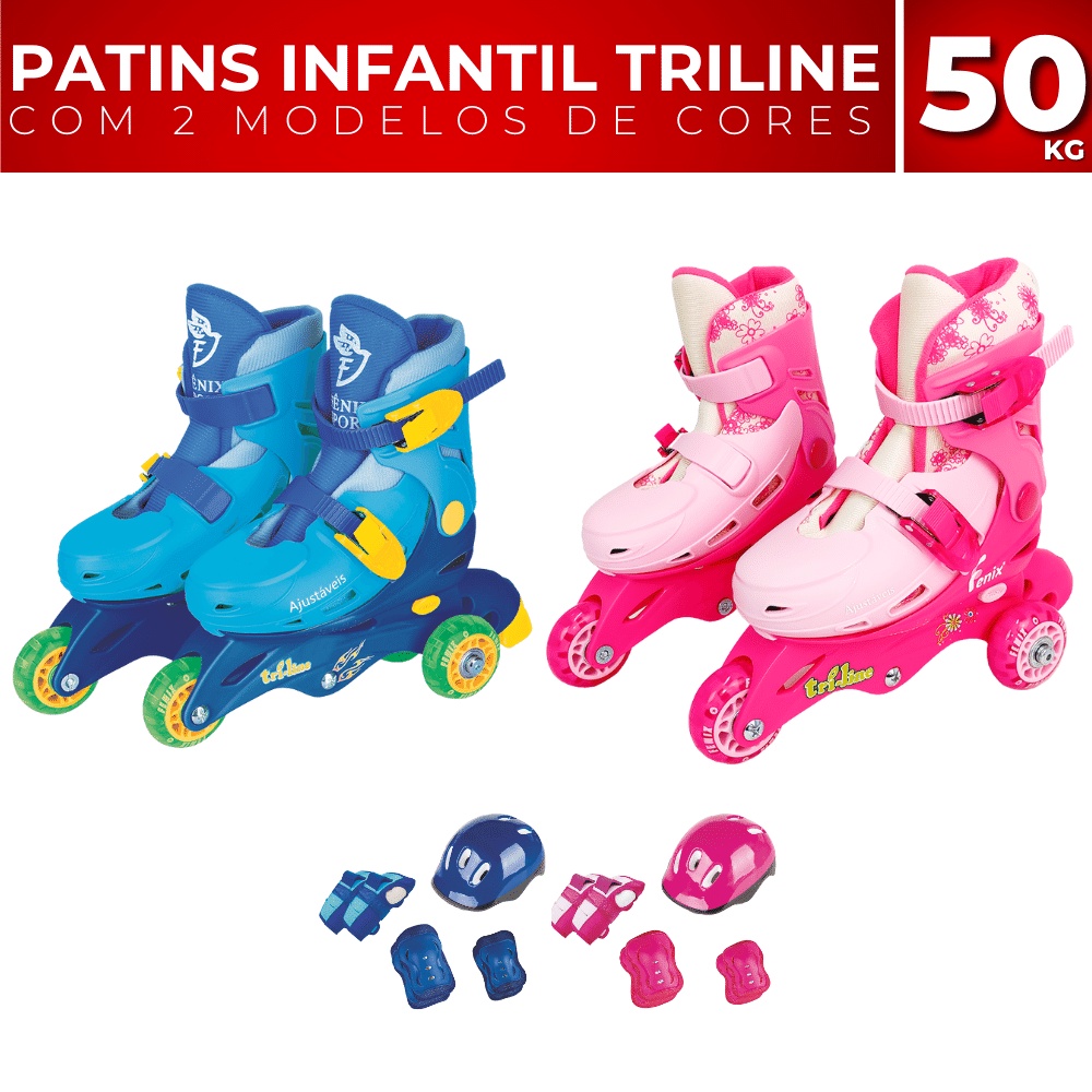 Patins Infantil Triline Ajustavel 3 Rodas c/ Kit Protecao | Shopee Brasil