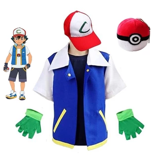 Pokemon Ash Ketchum Cosplay Costume Conjunto Completo Luvas De Casaco Adultos Chapéu Halloween