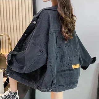 Jaqueta De Ganga Feminina Primavera Outono Bordado Solto Versão Coreana Combina Com Tudo Moda Novo Estilo Idade-Vermelho