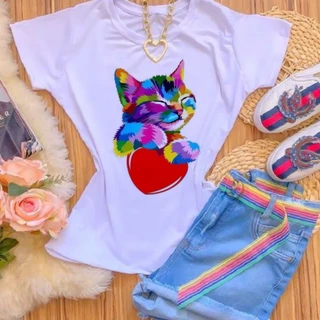 Camiseta T-shirt Blusa GATO COLORIDO CORAÇÃO