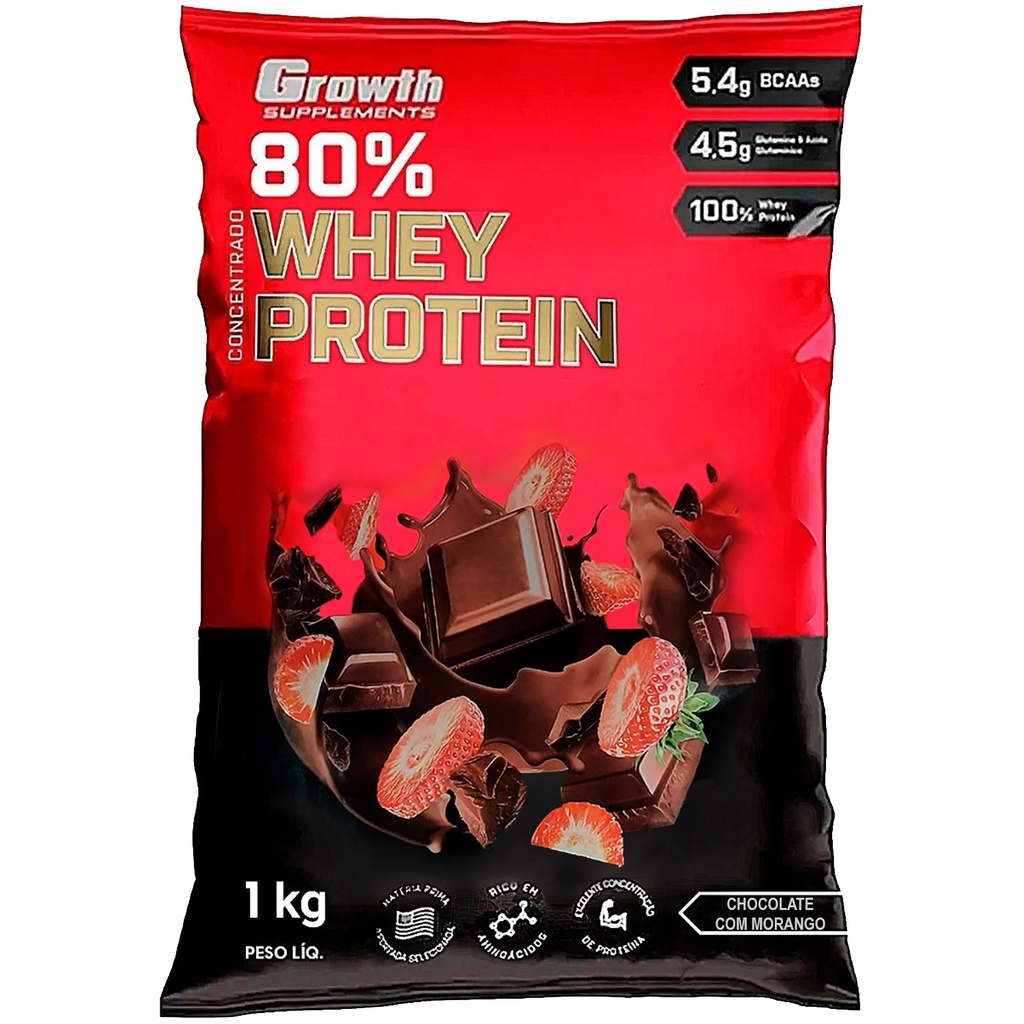 Whey Protein Chocolate Com Morango 80% Proteína Concentrado 1Kg Growth Original