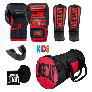 Kit Muay Thai Infantil Luva Caneleira Bolsa Bandagem Bucal American Fight