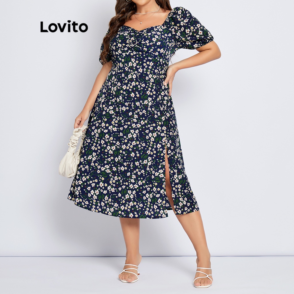 (1XL-4XL) Lovito Vestido Plus Size Feminino Casual Ditsy Floral de A-Line Dividido na Coxa com Manga Bufante LPS04027 (Preto)