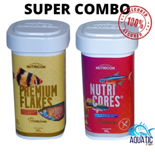 SUPER COMBO Ração Para Peixes Nutricores Flocos 35g + Premium Flakes 35g Nutricon - Aquário Comunitário