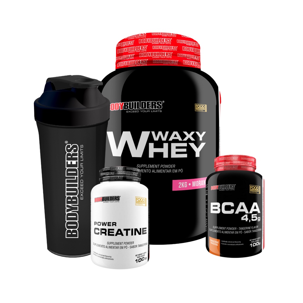 Kit Whey Protein Waxy Whey Pote 2kg + BCAA 4,5 100g + Power Creatina 100g + Coqueteleira – Aumento de Massa Muscular – Bodybuilders