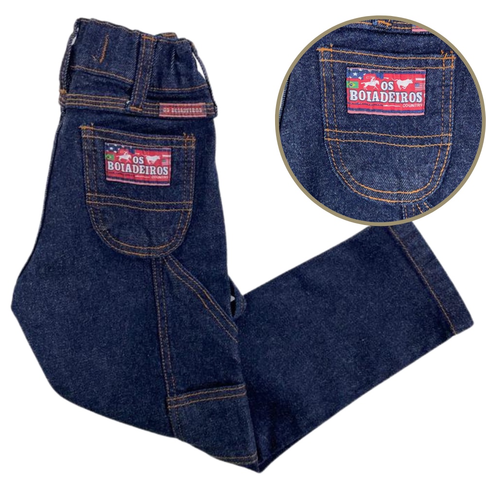 Calça Jeans Unissex Criança Carpinteira Infantil Os Boiadeiros Original  Azul Escuro com Lycra Ref.470