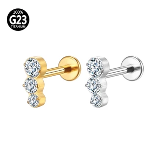 Piercing Labret 3 Pedras Zircônia Titânio | Helix, Tragus, Conch, Nariz, Boca-Medusa e Outros