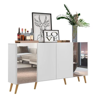 Aparador Buffet Retrô com Espelho Multimóveis Vegas FG3562 Branco/Natural