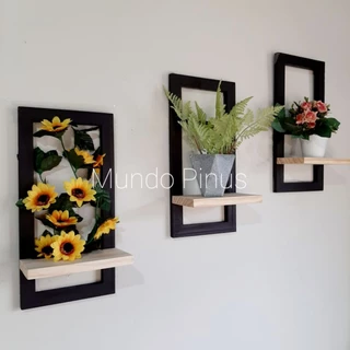 Kit Trio de Quadros com prateleira decorativo com moldura em madeira pinus 40x20