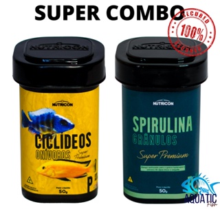 SUPER COMBO Ração Peixes Ciclídeos Onívoros C/alho P 50G + Spirulina granúlos 50g Nutricon SUPER PREMIUM - Aquário Ciclideo Onívoro e Herbívoro