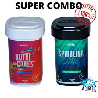 SUPER COMBO Ração Para Peixes Nutricores Flocos 12g + Spirulina Flocos 12g Nutricon Premium - Aquário Comunitário