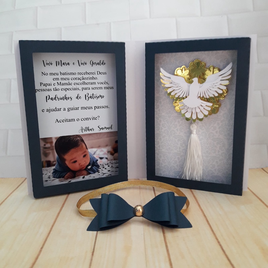 Convite Padrinhos Batismo Azul e Dourado com foto