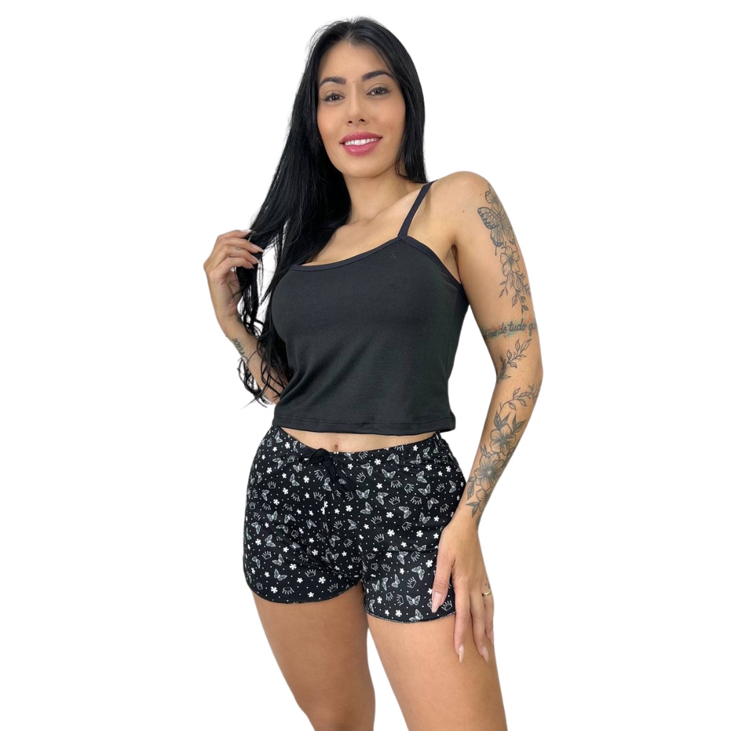 Pijama Short Doll Top Cropped Baby Doll Roupa Dormir Moda Feminina