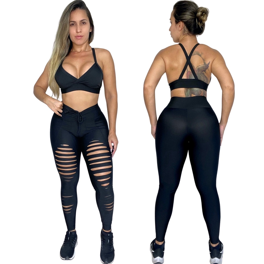 Conjunto Legging + Top Leg Fitness Rasgada Academia Preta Cós Alto Costura  Reforçada Modeladora