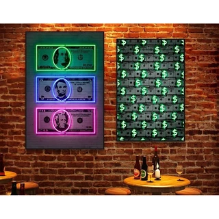 Quadro decorativo 2 peças 40x60 neon dólar Rua Pop arte Grafite decoração para casa sala quarto hall interiores corredores