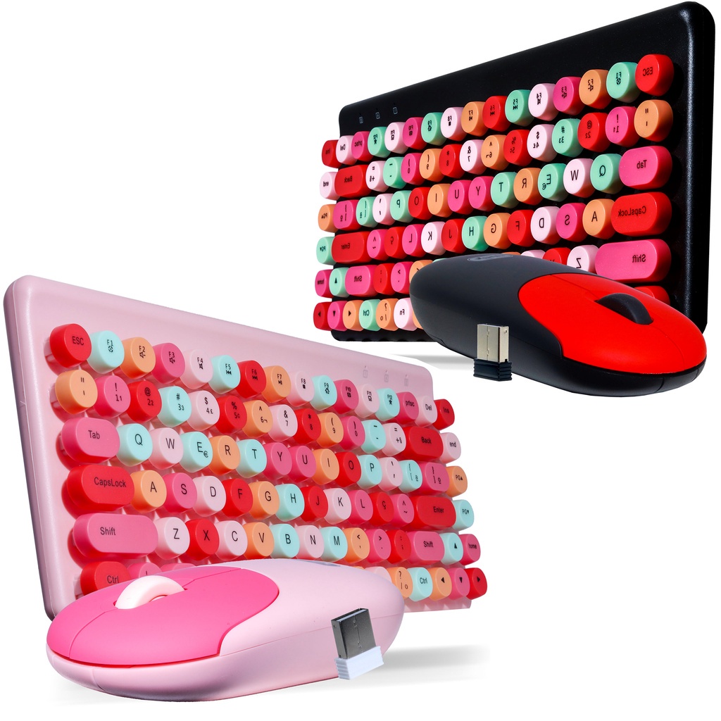 Kit teclado e mouse retro colorido wireless sem fio port til bluetooth