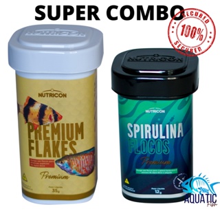 SUPER COMBO Ração Para Peixes Premium Flakes Flocos 35g + Spirulina Flocos 12g Nutricon Premium - Aquário Comunitário