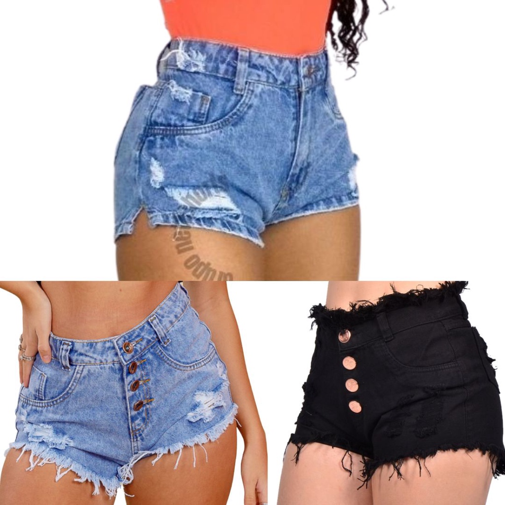 Kit 3 shorts cintura alta feminino jeans | Shopee Brasil