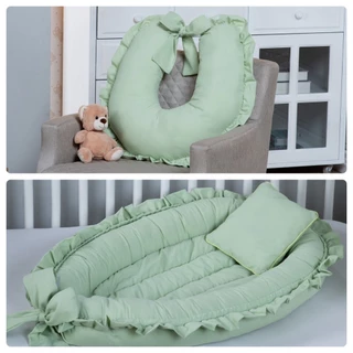 Kit Ninho + Almofada de Amamentação BABADO Percal 100% Algodão Verde