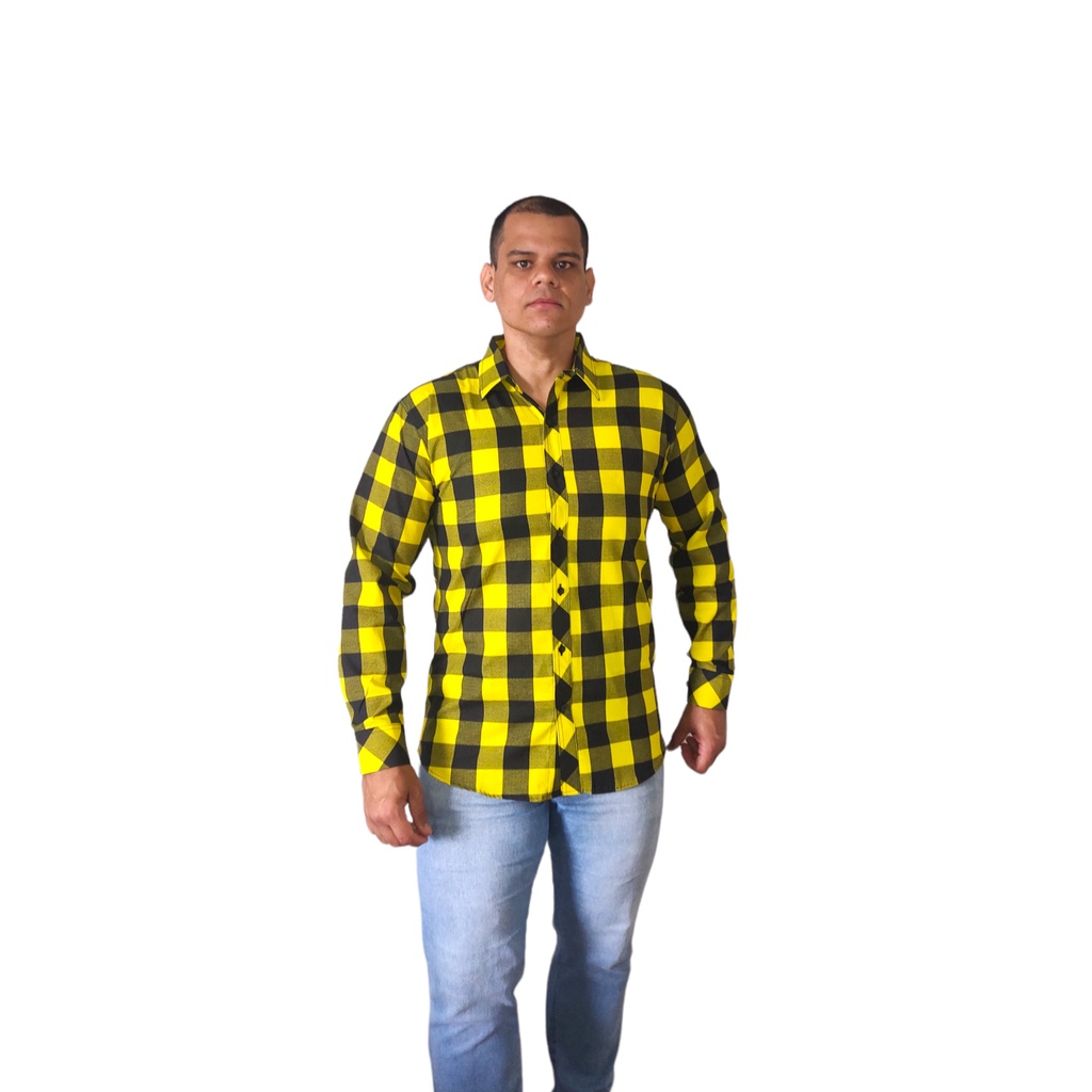 Camisa Xadrez Masculina Social Manga Longa Amarelo Preto