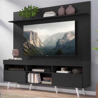 Rack com Painel TV 65" Madri Multimóveis Pés Retrô e Prateleira Preto/Branco