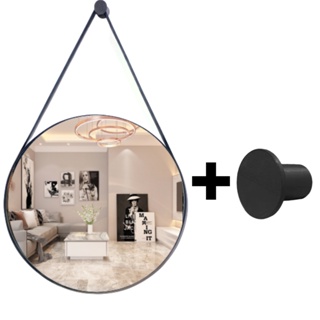 Espelho Adnet 40cm Decorativo redondo Alça de Couro + Pino Pendurador