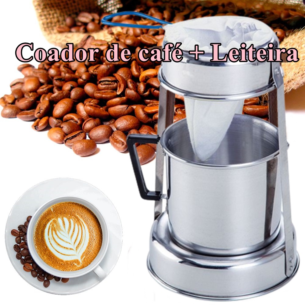 Coador de café Pano + Leiteira em aluminio + Suporte em aluminio ...