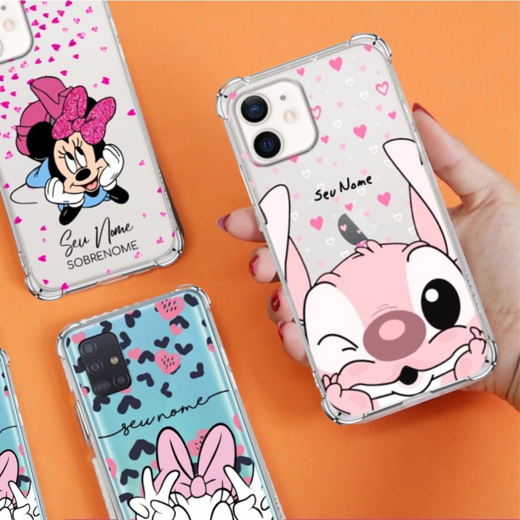 Case Capa Capinha de Celular de Silicone Personalizada com Nome - Estampas Minnie Stitch e Margarida