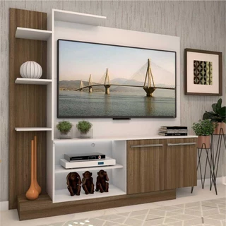 Estante com painel para TV até 55 polegadas e 2 portas Porto Multimóveis Branco/Madeirado
