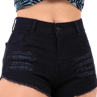 Short Jeans Feminino Cintura Alta Destroyed Desfiado Na Perna Hot Pants Cós  Alto Moda Blogueira