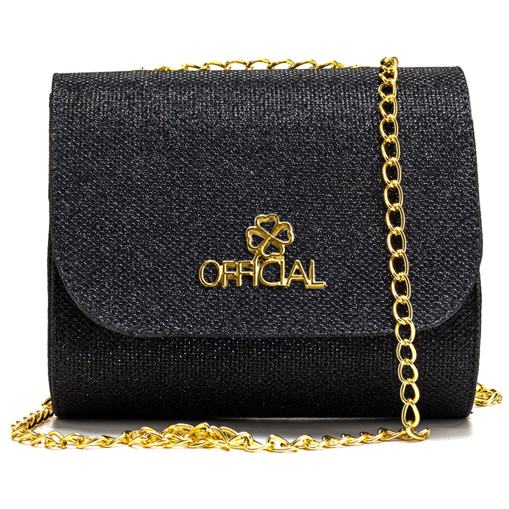 Bolsa Feminina Baú Tecido Brilhante Preta com Corrente Dourada | Shopee ...