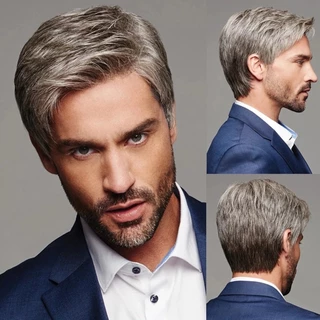 Nova Peruca Masculina Moda Prata Cinza Cabelo Curto