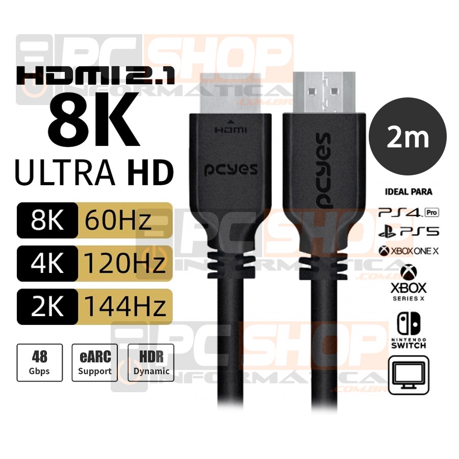 Cabo HDMI 2.1 2 Metros 8k 4320p 48Gbit/s Blindado HDR 3D eARC Ultra High Speed