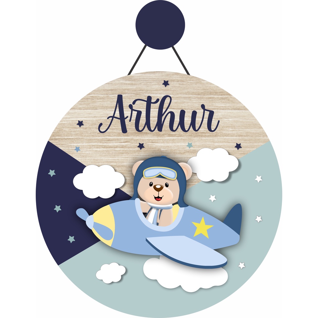 Enfeite Porta Maternidade Urso Aviador, Avião, Ursinho - Nome personalizado - Decoração para quarto! GUIRLANDA