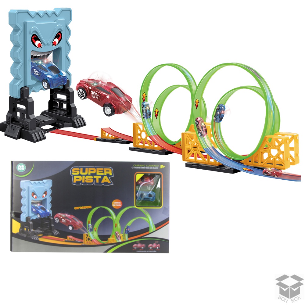 Super Pista de Corrida com 4 Loopings, Carrinhos e Obstáculo - ARK TOYS - c/ 125cm de Comprimento, 2 Carrinhos - 27 Peças