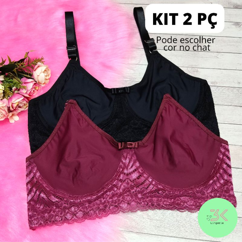 kit 2 sutiã Plus size sem bojo sutian de microfibra duplo pala de renda  reforçada luxo revenda barato (kit 2 Cecília)