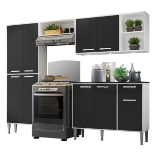 Cozinha Compacta Multimóveis Xangai FG3415 com 3 Leds Armário e Balcão Branca/Preta