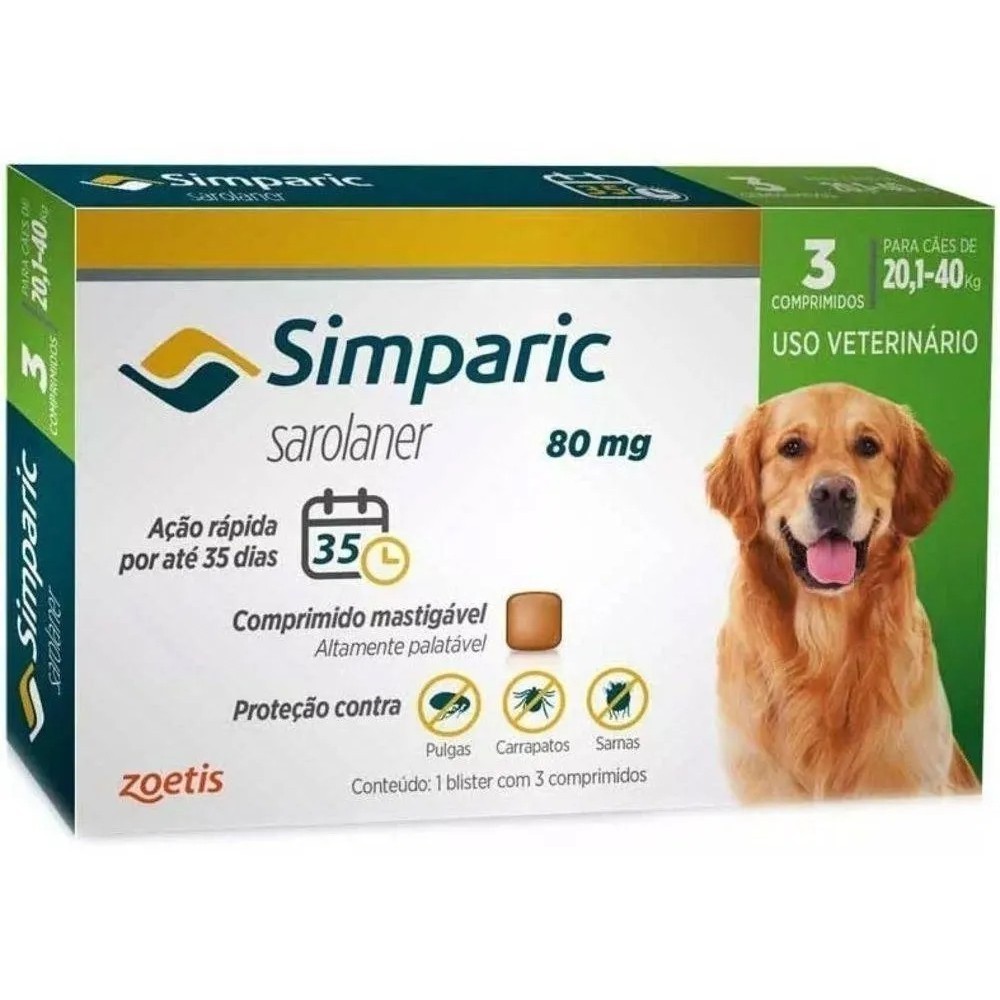 Simparic 80mg 3 Comprimidos - Cães de 20,1 a 40 kg - Zoetis