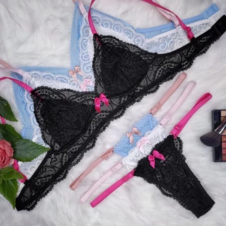 Conjunto Lingerie Renda Bicolor Sutiã Sem Bojo Com Forro Calcinha com Regulagem String Angelina