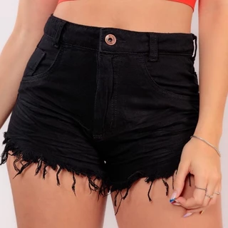 Bermuda Shorts Jeans Feminino HotPant Cintura Alta Preto