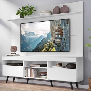 Rack com Painel e Suporte TV 65" Madri Multimóveis Pés Retrô e Prateleira Branco/Preto