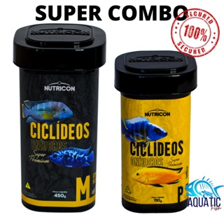 SUPER COMBO Ração Peixes Ciclídeos Onívoros C/alho M 450G + Ração Peixes Ciclídeos Onívoros P 110g SUPER PREMIUM
