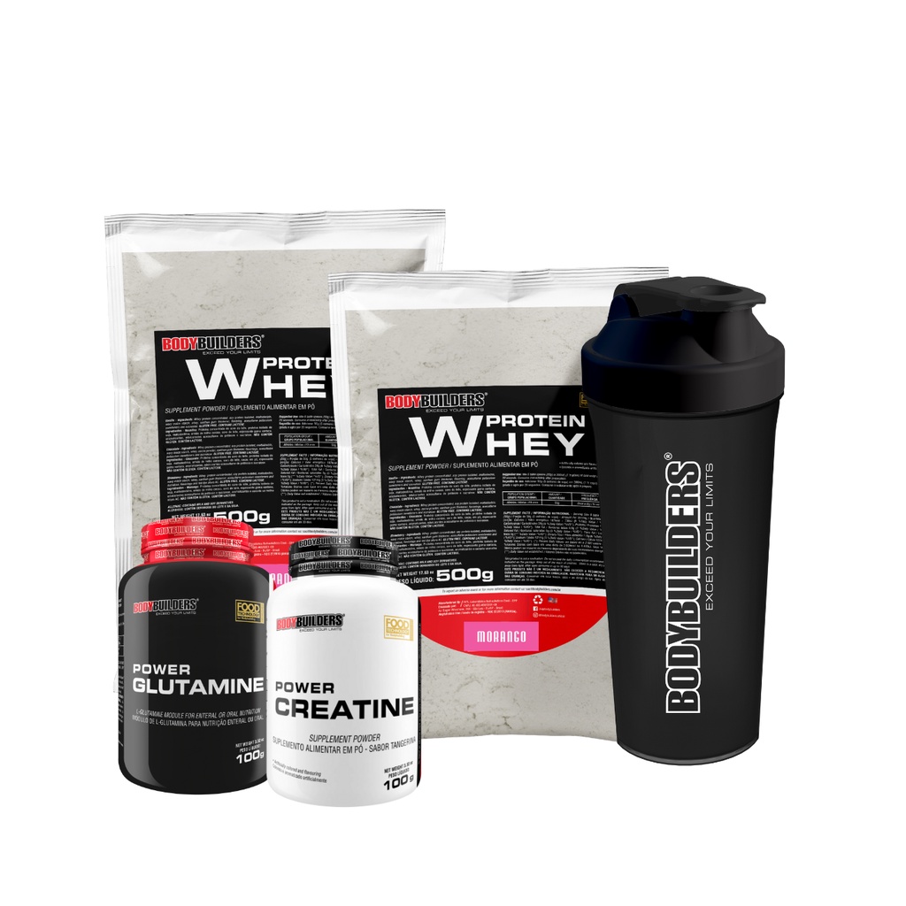 Kit 2x Whey Protein Concentrado em Blend Proteico 500g + Power Creatina 100g + Power Glutamina 100g + Coqueteleira – Construção e Fortalecimento dos Músculos – BodyBuilders