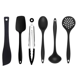 Kit Utensílios de Silicone Cozinha Conjunto Colher Concha Fue Batedor de Claras Preto Monte seu Kit