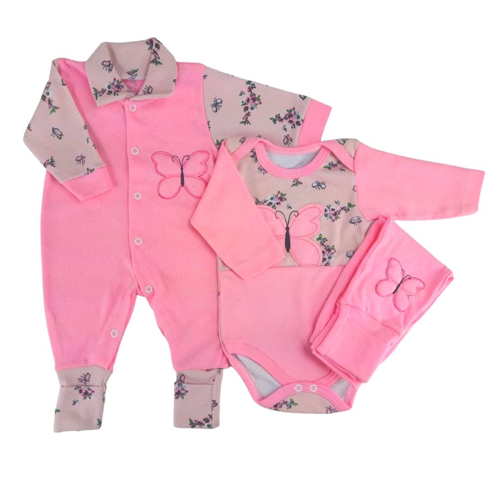 Kit Enxoval de Bebê 3 Peças Macacão , Body e Calça Bordado 100% Algodão ...