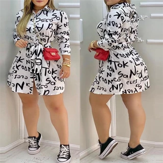 Elegante Carta Estampa Camisa Vestido Mulheres Primavera Manga Longa Botão Cinto Escritório Senhora Mini 2023