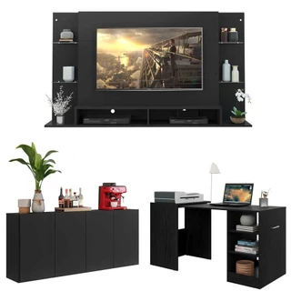Conjunto Sala de Estar Painel TV 60" / Aparador / Mesa Dobrável Lara Multimóveis Preto