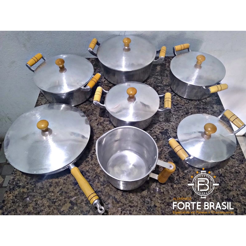 Kit jogo de panelas em Alumínio fundido/batido 7 peças cabo de madeira ...